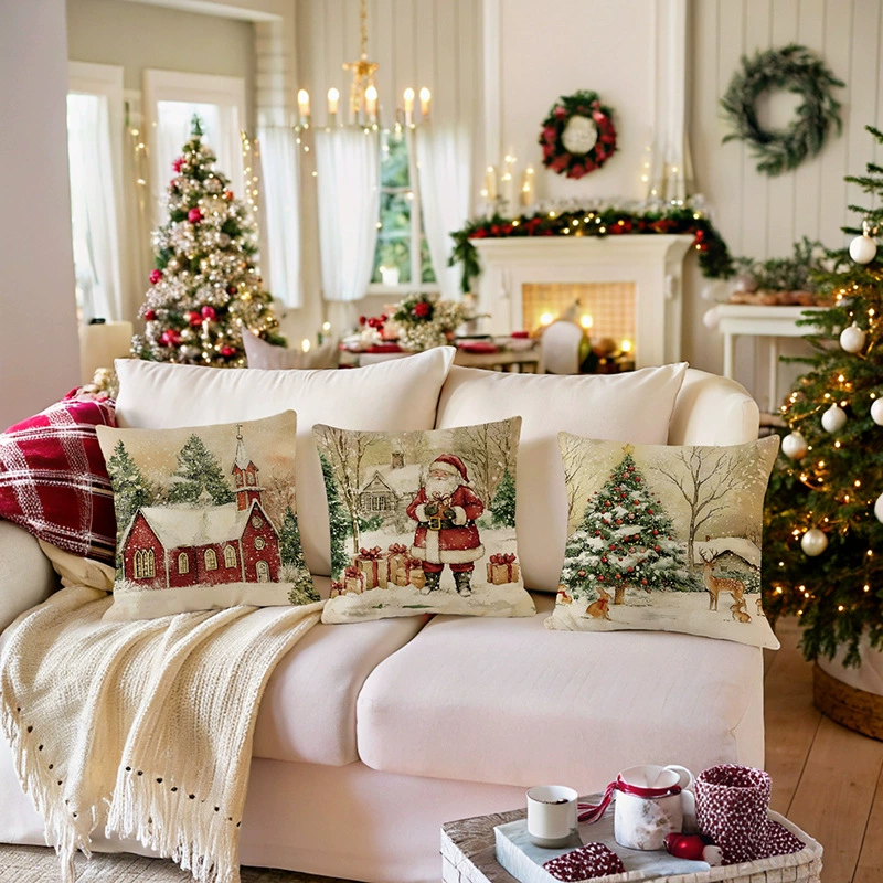 Новогодний чехол для подушки 2025 года с принтом Санта-Клауса, из полиэстера, декоративный чехол для дивана, праздничный подарок