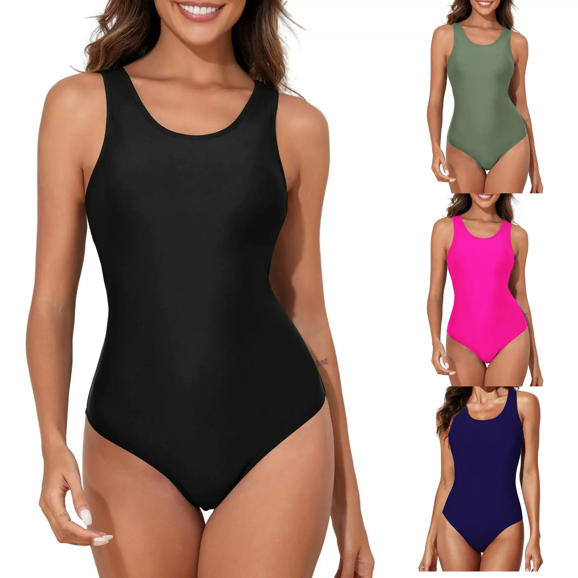 竞速泳衣亚马逊外贸保守后背交叉泳装欧美性感纯色连体跨境大码