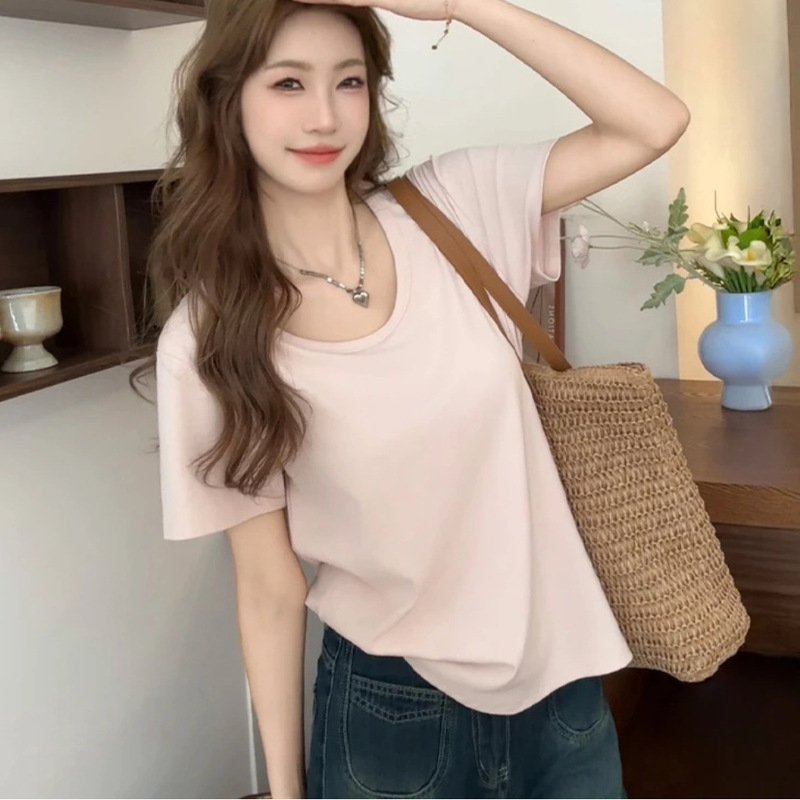 95 Pure Cotton T-Shirt for Women, New Summer Style, Dopamine Pink, Loose U-Neck, Casual Versatile Solid Color Top, Short-Sleeve T-Shirt