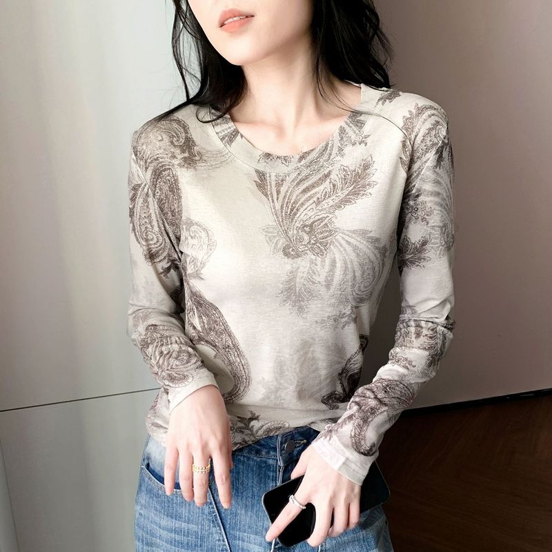 网纱打底衫女2025秋冬新款复古印花上衣修身显瘦长袖t恤小衫|undefined