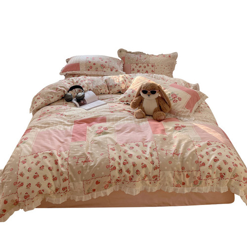 Cottage Style 100% Cotton Four-Piece Bedding Set, Fresh and Natural Cotton Bedspread with Floral Lace, Small Floral Pattern, Three-Piece Set, Instagram Inspired
