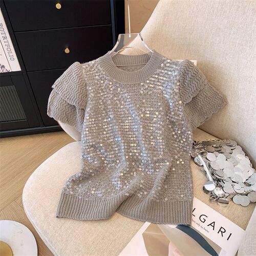 French sparkling bud sleeveless sweet knit top for women 2025 summer round neck youth short sleeve top