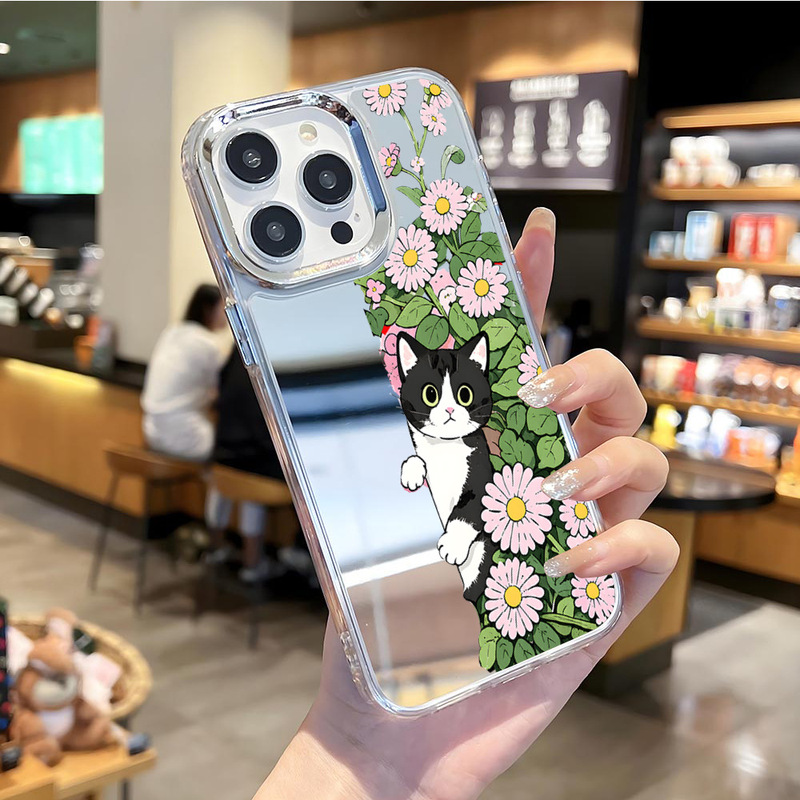 Light Luxury Niche Cute Cat Flower Makeup Mirror iPhone Case Iphone17/18Promax Hard Case