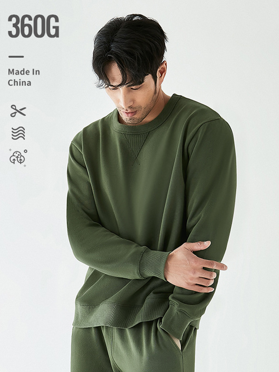 cotton solid color retro green sweatshirt for leisure with a round…
