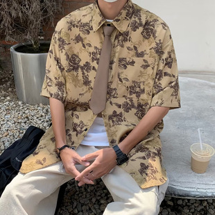 古着vintage巴洛克衬衫男短袖设计感高级冰丝花衬衣美式复古外套-阿里巴巴