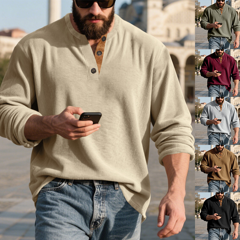 跨境亚马逊秋季灯芯绒长袖男装t恤简约复古宽松休闲亨利男士上衣