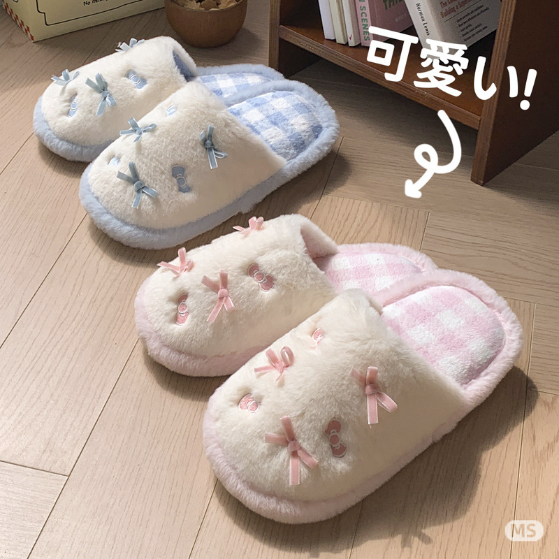 蝴蝶结拖鞋女款秋冬新款可爱高颜值 ins风家居舒适保暖防滑棉鞋|undefined