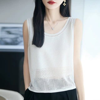 新款天丝亚麻2026年夏季女圆领针织吊带背心纯色镂空无袖外穿上衣