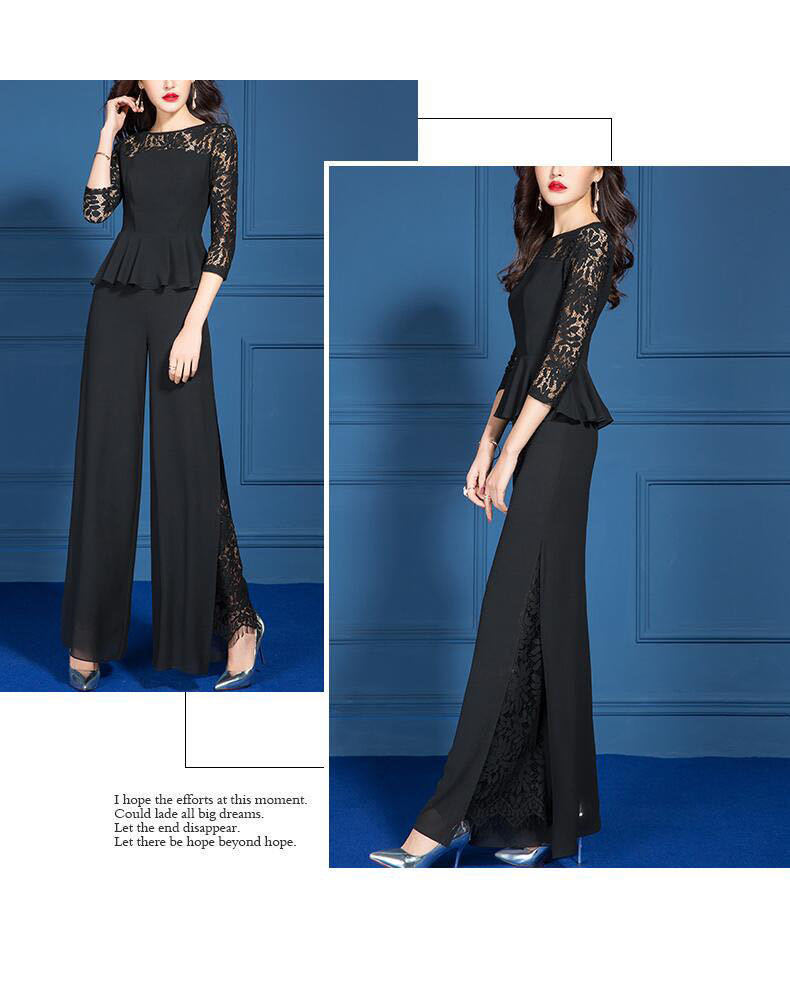 Slim Fit Type Fashionable Black Lace Wide Leg Pants Set Spring Summer Outfit Two Piece Set Slimming Trendy Commute Style Polyester Blend