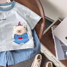 儿童夏季卡通夏装95棉短袖新款宝宝男童两件套中小童洋气短裤套装