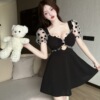 Sexy hollow mesh patchwork large hem sweet and spicy low cut dress