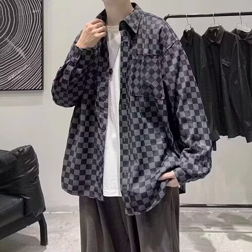 Men's Long-Sleeve Casual Button-Down Shirt with Chessboard Pattern for 2024 Spring, Offering a High-End Style - Youthful Solid Color Top for Layering Over a Blouse or Jacket