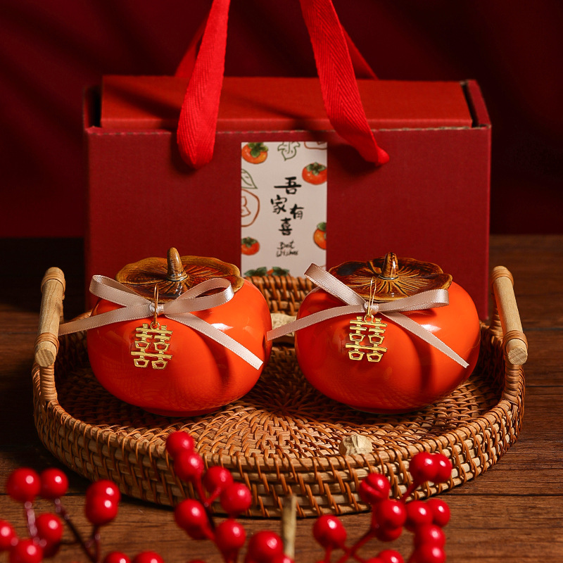 Peach Blossom Good Fortune Figurine Wedding Candy Box Persimmon Tea Can Wedding Decor Favors Gift Box Wedding Supplies