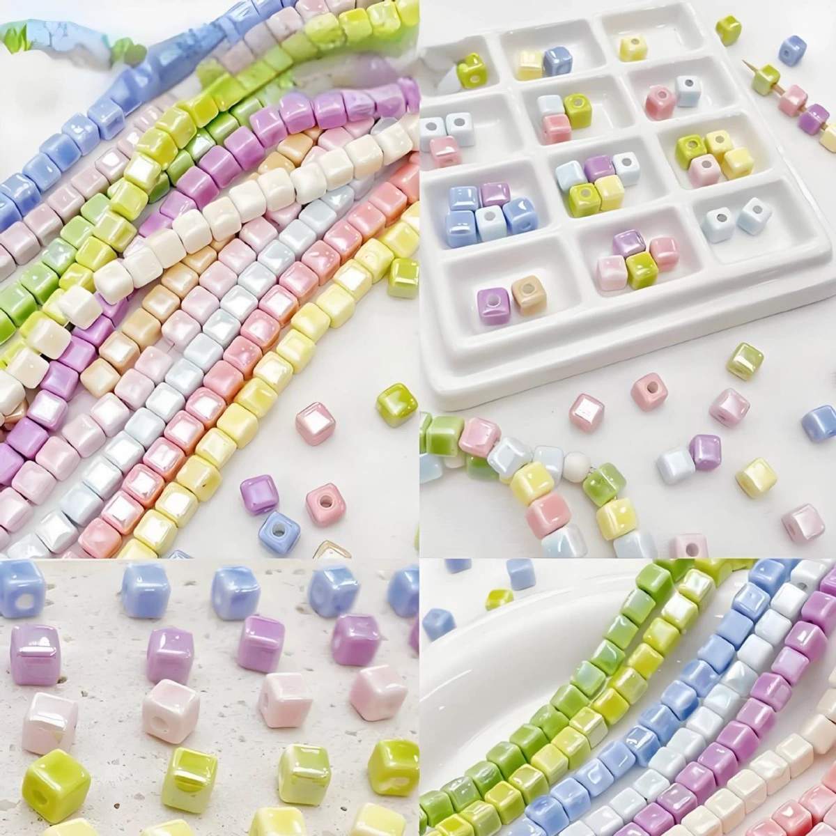 Handmade Ceramic Square Beads, 6/8/10 mm Polished Glazed Cubes for Necklace & Bracelet