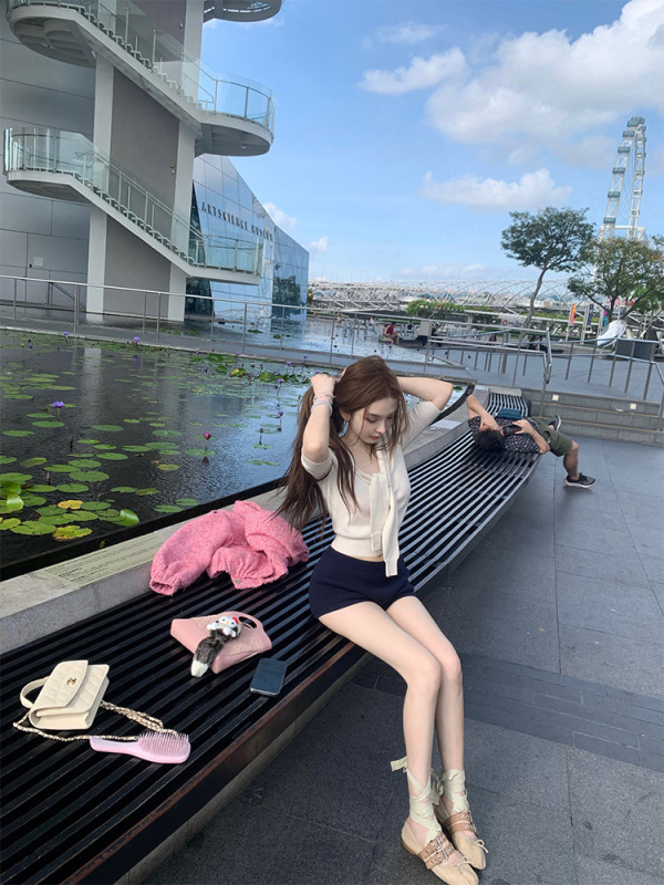 DoggyQin 半熟/100％羊毛假两件针织衫女修身显瘦慵懒感半袖上衣|undefined