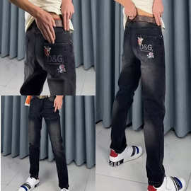男士高端字母牛仔裤刺绣新款弹力欧货休闲潮流男长裤