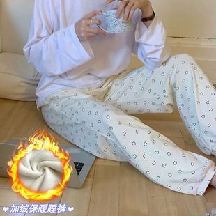 Autumn and Winter Fleece Cute Smiley Face Pajama Pants for Women, Loose Home Casual Long Pants, Fleece-Lined Home Pants, Suitable for Wearing Outside and Walking