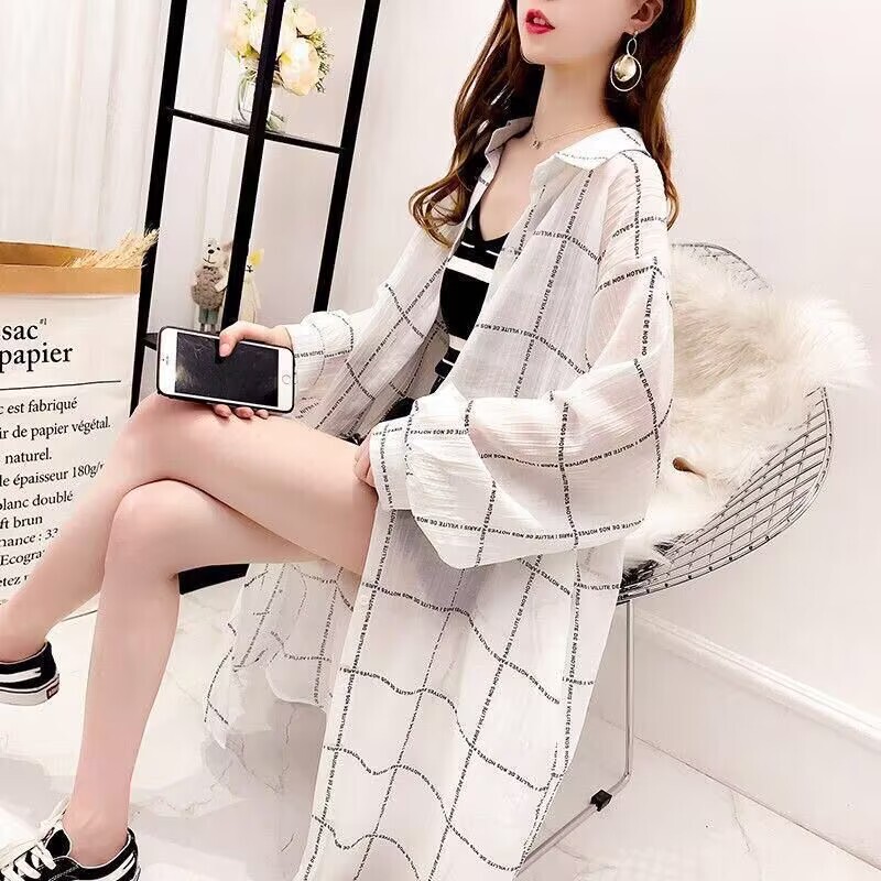 女性の夏と秋の新しいチェック柄シャツ日焼け止め服薄手のジャケット韓国スタイルルーズ抗紫外線ミッドレングス長袖|undefined