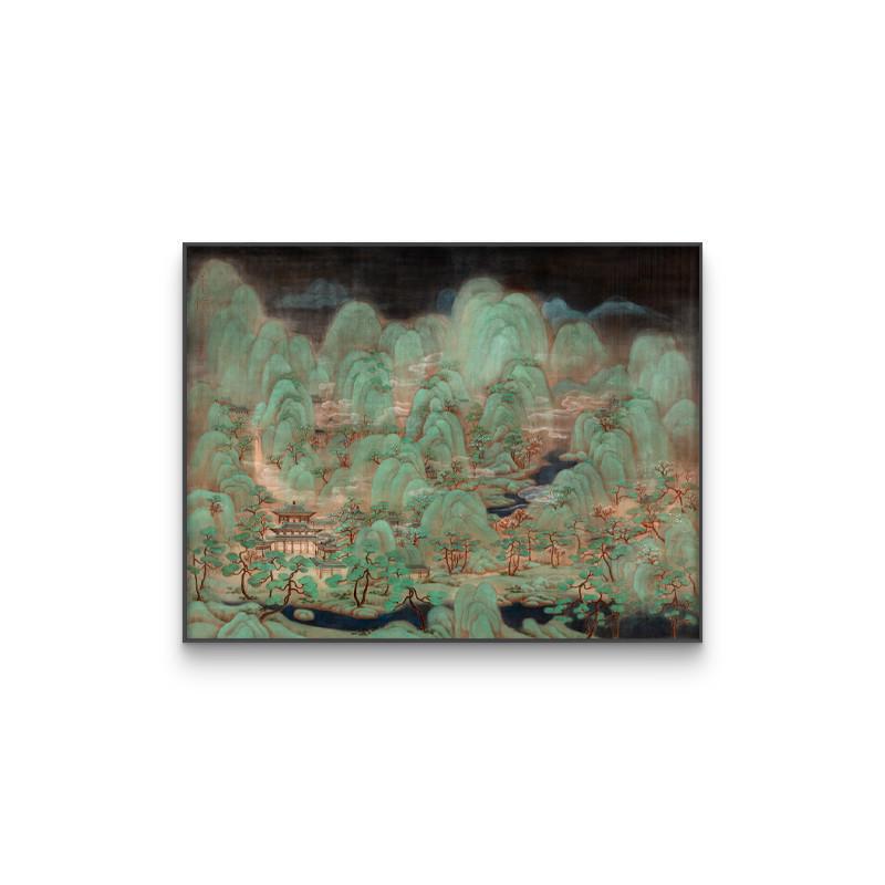 新しい中国風の風景装飾絵画フランス中世スタイルダークグリーン大型アートプリント古典的な東洋の吊り絵画|undefined