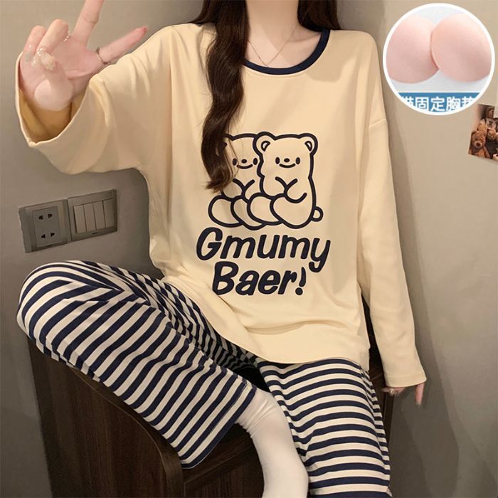 带胸垫睡衣女款春秋季仿棉可爱卡通长袖套装宽松少女家居服可外穿|undefined