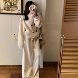 设计感温柔慵懒风羊羔毛外套女装冬季新款毛绒双排扣气质保暖上衣