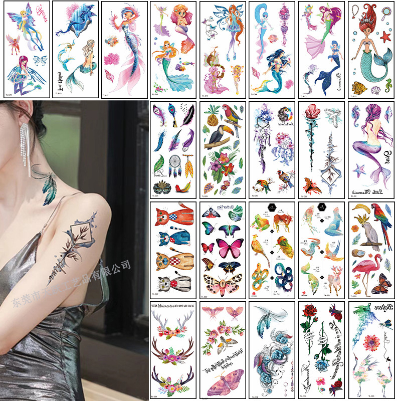 Adjustable Set of New Colorfulful Flower Tattoo Stickers Waterproof Mermaid Flower Bird Back Hand Arm Ears