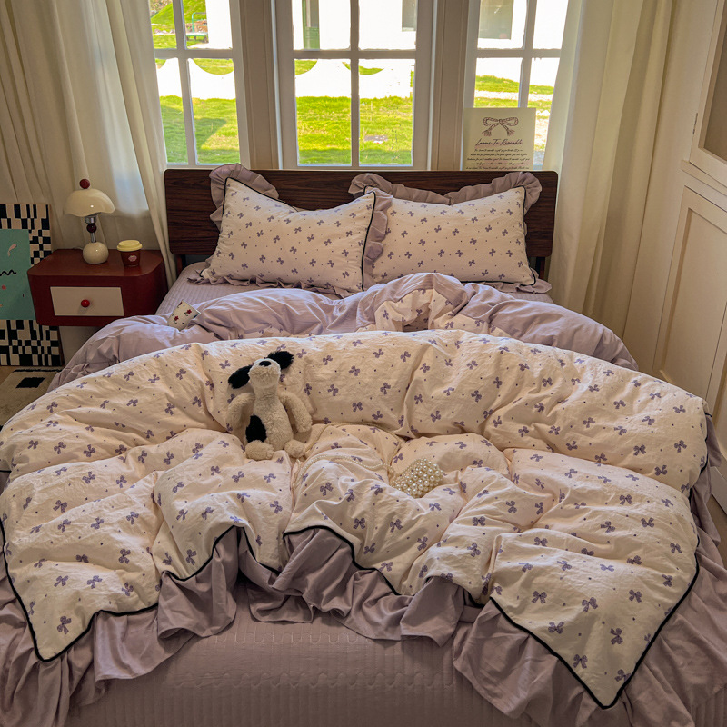 Nordic French Vintage Boho Autumn Winter French Retro A-class Washed Cotton Quilted Cover Four-piece Set With Ruffled Edges, Duvet Cover, Bed_voghion.com