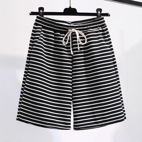 Cross-border wholesale black and white striped women's summer new five-inch wide-leg pants casual running sporty hot pants Ins