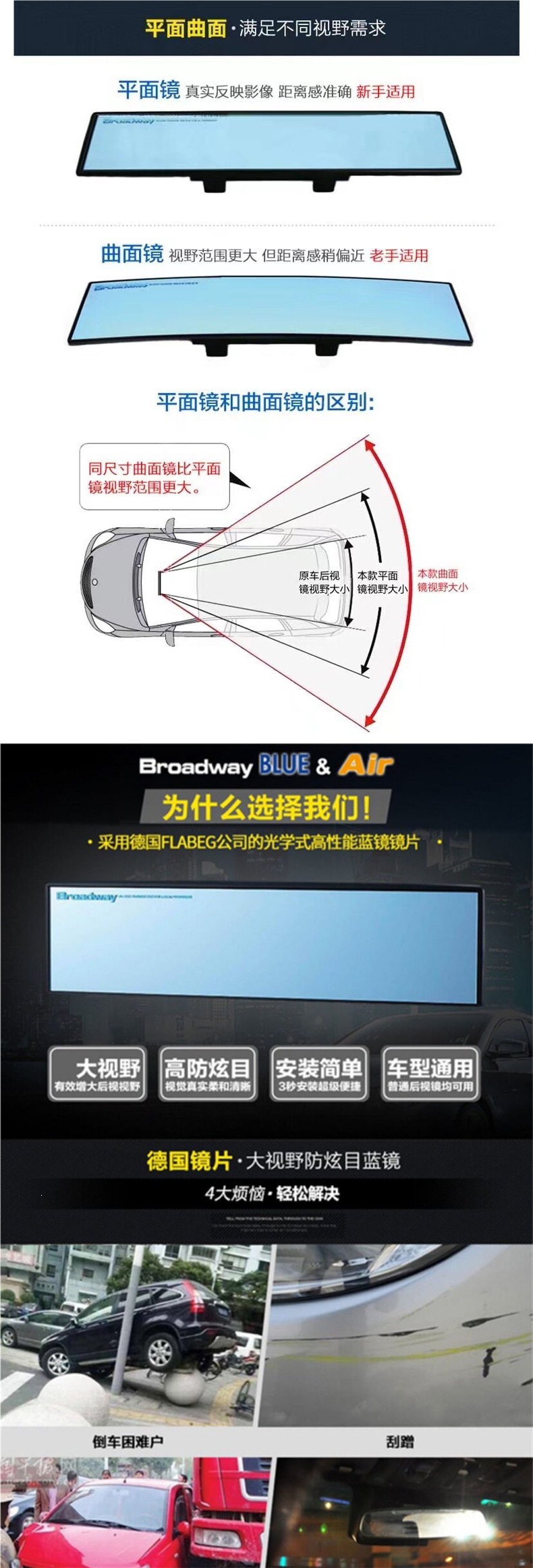 Napolex Broadway Car High-Definition Rearview Mirror with Large Field of View, Auxiliary Curved Mirror, Wide-Angle Reversing Anti-Glare Mirror