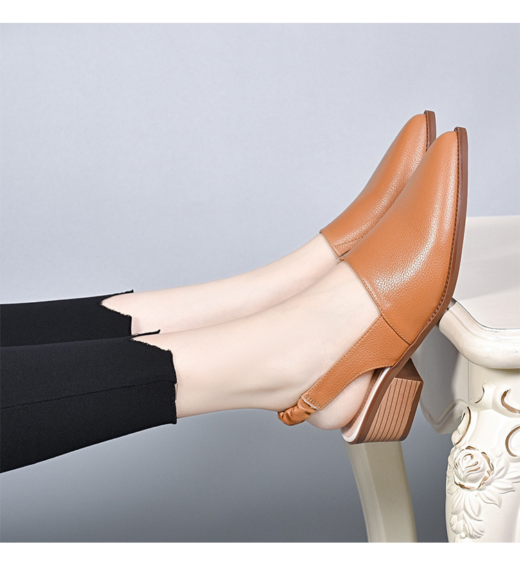 Dép sandal nữ da thật mũi nhọn gót trung bình quai chữ V — Màu đen chi tiết 5