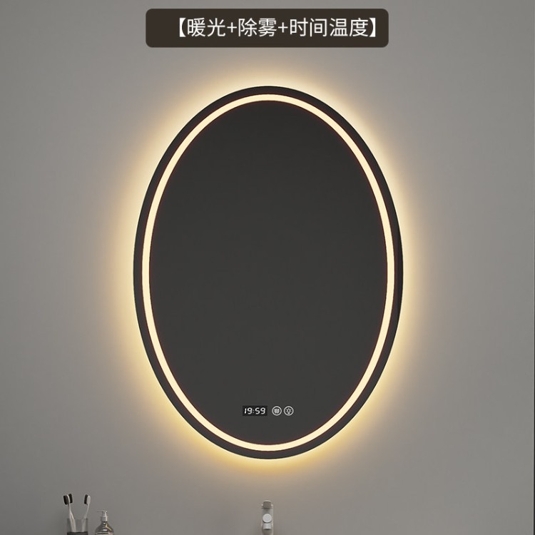 espejo inteligente elíptico de alta definición de forma especial espejo de maquillaje colgado en la pared con iluminación LED pantalla táctil anti-nebble espejo de baño