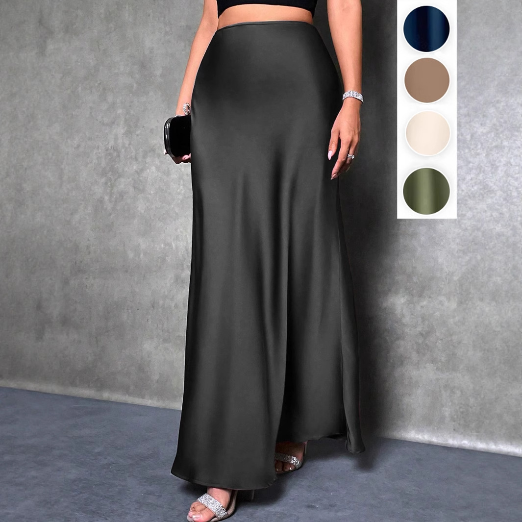 European and American Cross-Border Export, Pure Color High Waist Elegant Maxi Silks and Satins Skirt, Plus Size Women's Skirt