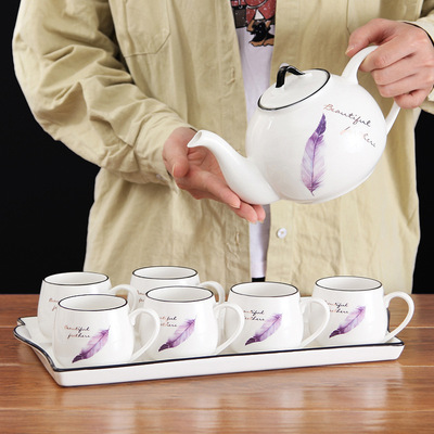 陶瓷水具套装 创意家用水杯水壶组合 欧式下午茶茶具带托盘