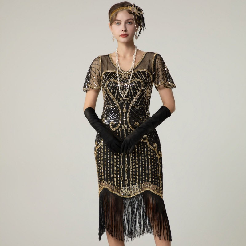 Sequin Tassel Short-Sleeved Dress 1920 Retro Gatsby Ball Slim Beaded Dress Amazon Cross-Border