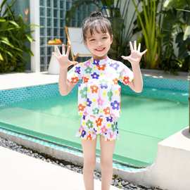 儿童连体浮力泳衣女童可爱卡通小花短袖短裤学游泳训练服儿童泳装