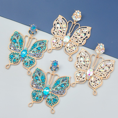 Europe and the United States exaggerate bling butterfly earring alloy set auger diamond butterfly earrings tide woman full of drill collars earrings