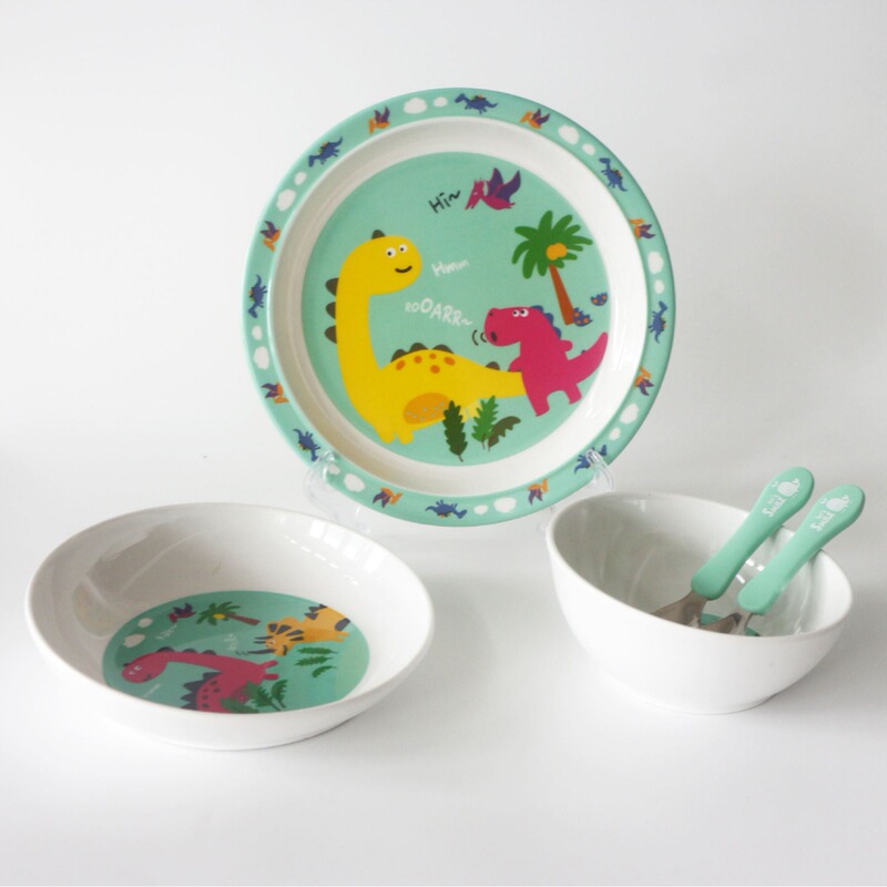 Melamine Children's Dinosaur Pattern Tableware Plate Bowl Stainless Steel Fork and Spoon Set Plastic Drop-Resistant Non-Slip Bowl