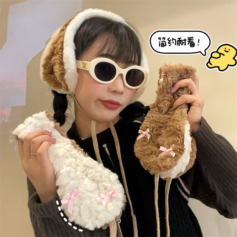 Nuevo estilo ins orejeras con cordones invierno niña linda niña bicicleta orejeras calentamiento de orejas estudiantes felpa cálido protección auditiva babero