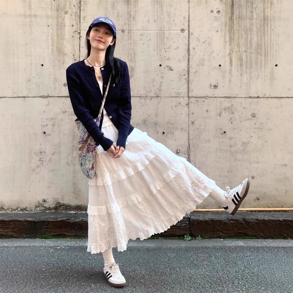 Gentle Style Lace White A- line Half-length Cake Skirt Women's 2025 Summer New High Waist Slimming Short Long Skirt