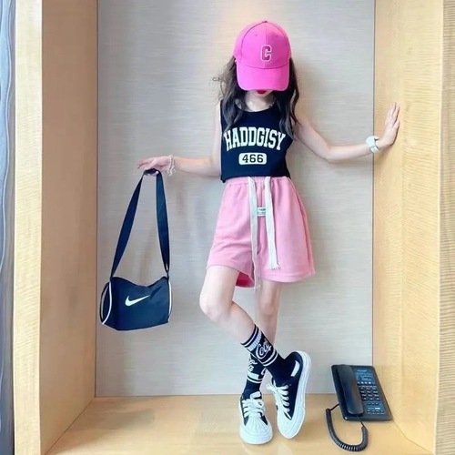 Ladies' sportswear set summer new middle child backless shorts trendy girl internet star streetwear children two-piece set