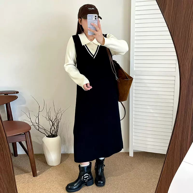 大码女装气质学院风毛衣裙2025冬款胖mm假两件针织连衣裙女23299