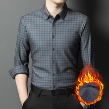 中青年男士加绒长袖衬衫冬季新款男装加厚保暖宽松格子衬衣代发