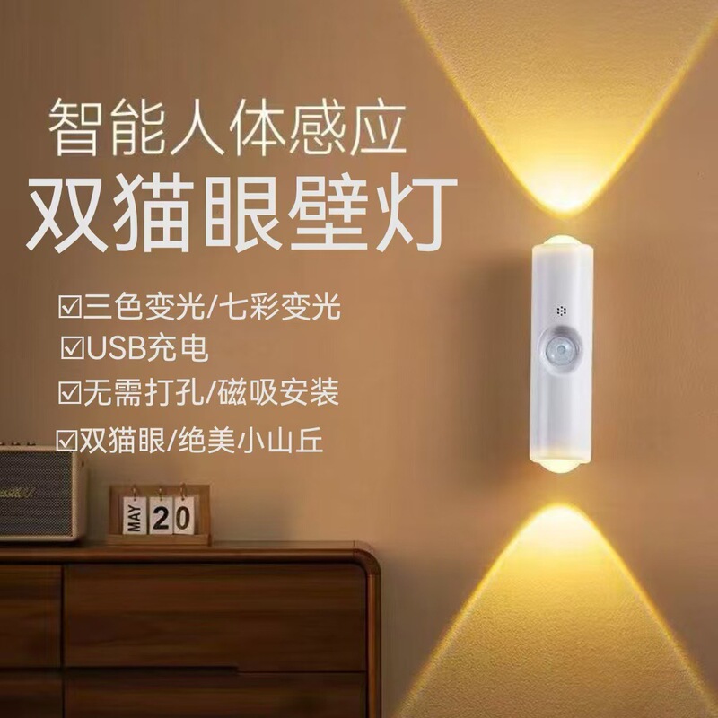 国境を越えた新しいスマート人体センサーランプ自己粘着磁気ウォールランプ充電式ナイトライトヒルダブルキャットアイ雰囲気ランプ|undefined