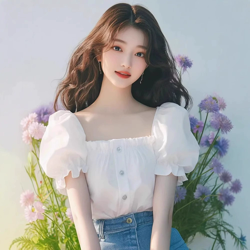 2025 новый летний стиль французская высококлассная нишевая уникальная универсальная повседневная белая рубашка с квадратным вырезом и пышными рукавами