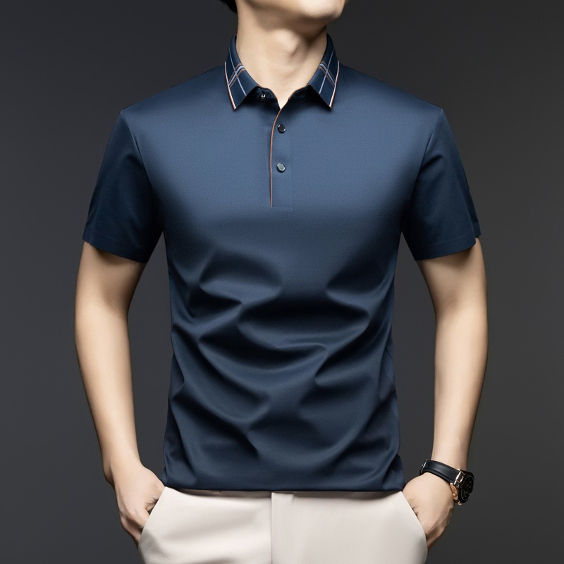 Men's Gentleman's Stylish Short-sleeved T-shirt 2025 Summer New Arrival Young and Middle-aged Fashionable Casual Solid Color Ice Silk Top