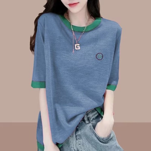 Short-sleeved bamboo joint cotton T-shirt for women 2025 spring and summer new thin large size loose casual spliced ​​half-sleeved top for women