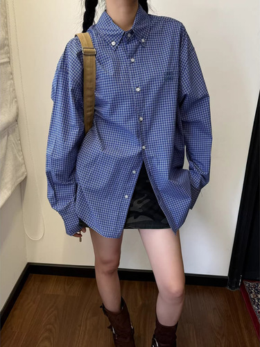 American retro lazy high-end blue checkered short-sleeve shirt for men and women, loose and versatile casual embroidered blouse, trendy