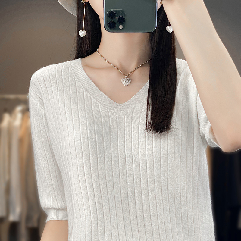 Slimming Short-sleeved Women's Pullover Sweater New 2024 Women's T-shirt Thin V-neck Inner Sweater Spring and Summer Half-sleeved White