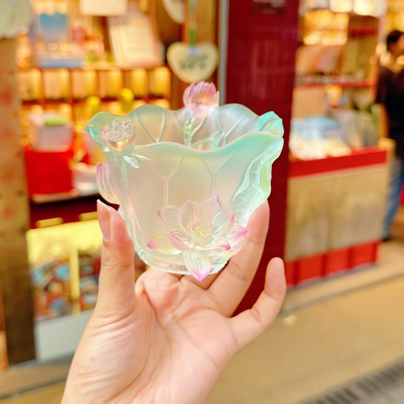 东魅荷气生才杯古法琉璃蓝色渐变莲花杯茶室桌面摆件礼品杭州景区|undefined
