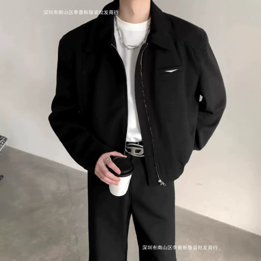 美式复古休闲做旧棕色机车皮衣外套男小众设计感垫肩翻领夹克潮流